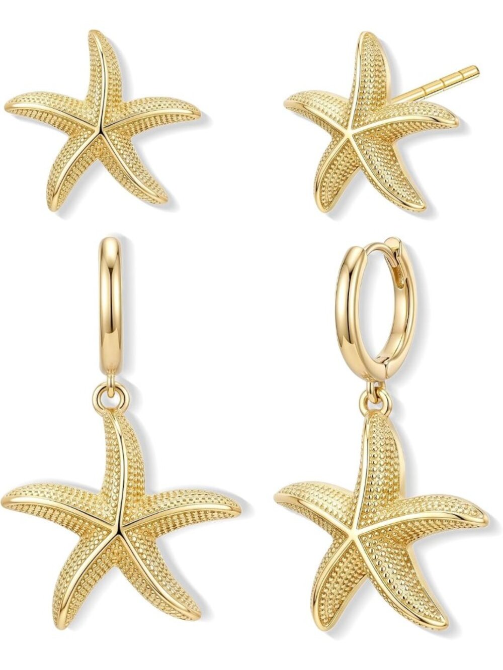 Dainty 14K Gold Seashell Starfish Dangle Earrings Set - Summer Beach Jewelry, 3